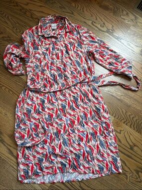 NIC+ZOE Red, Navy & Cream Feather-Print Long-Sleeve Shirt Dress, S